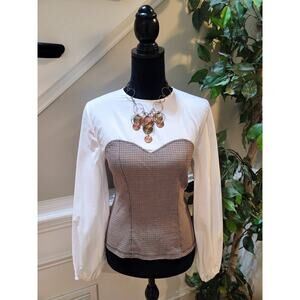 H&M Corset Blouse Women 10 White Cotton Houndstooth Crew Balloon Sleeve Back Zip